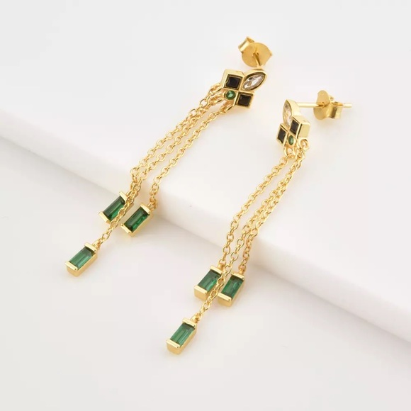 GOLD PLATED STERLING SILVER ART DECO MID CENTURY MODERN EMERALD ONYX DANGLE - Picture 7 of 10